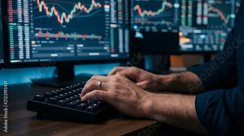 Investor hands navigate a mechanical keyboard to execute trades based on volatile stock market graphs illuminating a dark, professional workspace environment.