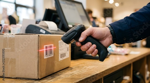 Barcode scanner held in a firm grip scans a shipping box to register the package within a retail management software system.