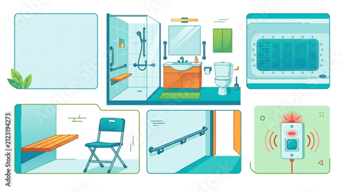 Flat lay illustration showcasing accessible bathroom features like a roll-in shower, folding seat, grab bars, and a smart toilet, all in a clean, modern design with teal and orange accents