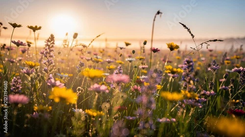 Wildflower meadow in morning sunlight with colorful blooming flowers and natural landscape