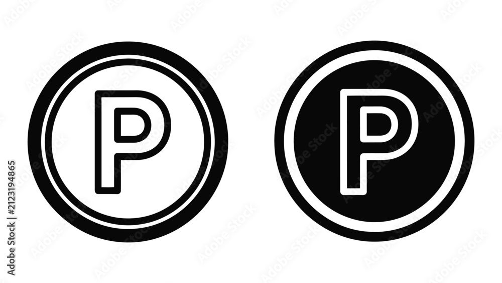 Obraz premium Parking sign icons. Vector P letter symbols for parking lot navigation and road signage.