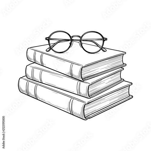 Stack of Books with Round Glasses Hand Drawn Vector Illustration