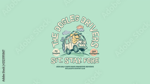 Foto Playful Vintage Style Illustration of a Golden Retriever Dog with Sunglasses Driving a Classic Van Modified as a Golf Cart, Featuring Humorous Golf Puns and Sit Stay Fore Text