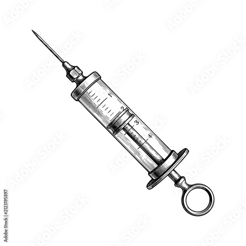 Vintage Medical Syringe Hand Drawn Engraving Vector Illustration