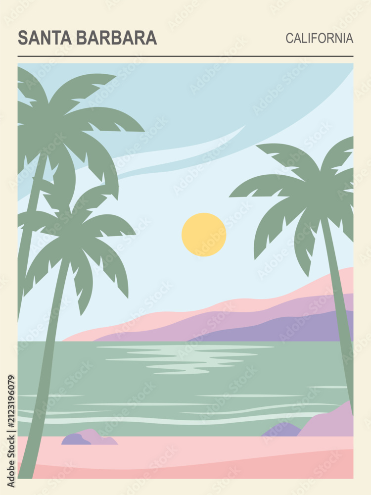 Fototapeta premium Santa barbara california travel poster with palm trees, sun, ocean, and mountains in a minimalist flat vector illustration style