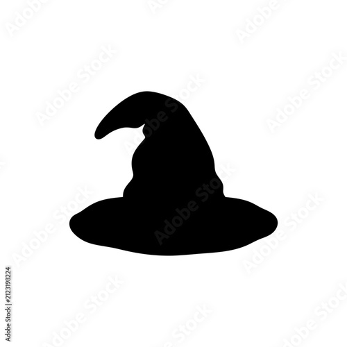 witch_hat_for Halloween Witch hat silhouette vector icon, spooky Halloween wizard hat graphic, black magic headwear symbol for seasonal party design isolated on White Background