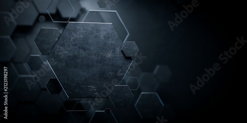Scratched dark metal hexagon panel floating in empty space surrounded by smaller hexagonal shapes.