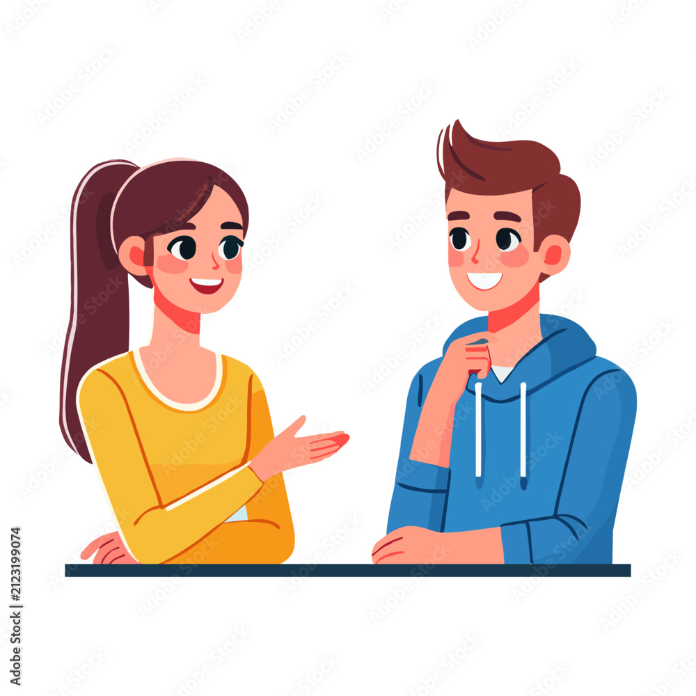 Fototapeta premium Happy Young Man And Woman Talking Together On Isolated White Background With Minimalist Vector