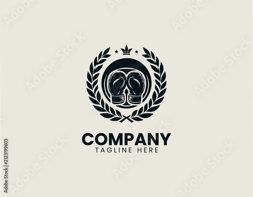 Classic boxing gloves surrounded by victory laurel wreath black vector logo illustration