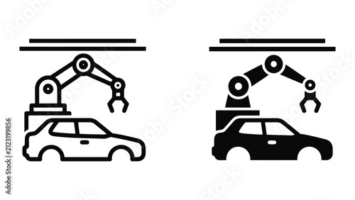 Robotic arm car assembly icons. Automated vehicle manufacturing line vector symbols.