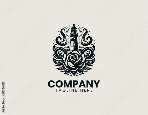Lighthouse wrapped by octopus tentacles above blooming rose black vector logo illustration