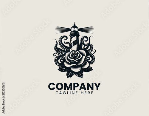 Lighthouse wrapped by octopus tentacles above blooming rose black vector logo illustration