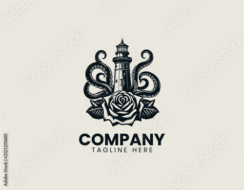 Lighthouse wrapped by octopus tentacles above blooming rose black vector logo illustration