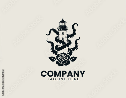 Lighthouse wrapped by octopus tentacles above blooming rose black vector logo illustration