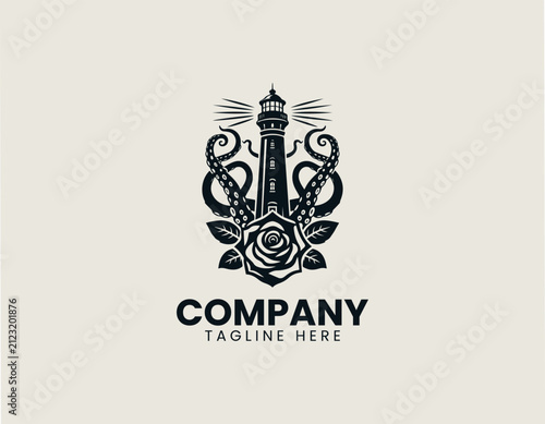 Lighthouse wrapped by octopus tentacles above blooming rose black vector logo illustration