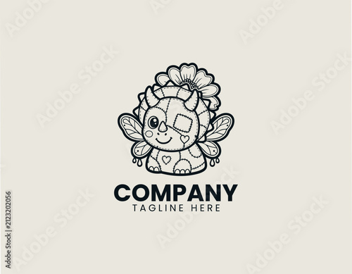 Cute patchwork triceratops with fairy wings and flower black vector logo illustration