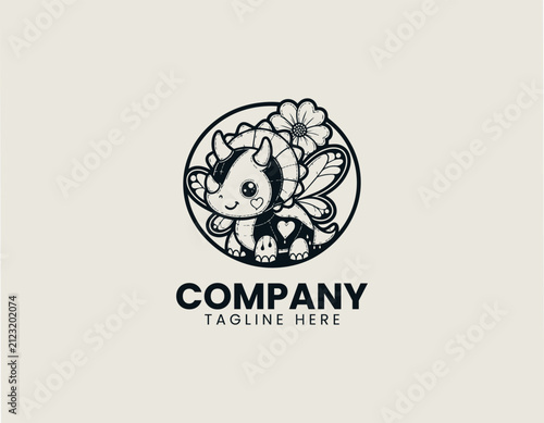 Cute patchwork triceratops with fairy wings and flower black vector logo illustration