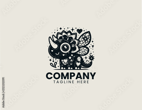 Cute patchwork triceratops with fairy wings and flower black vector logo illustration
