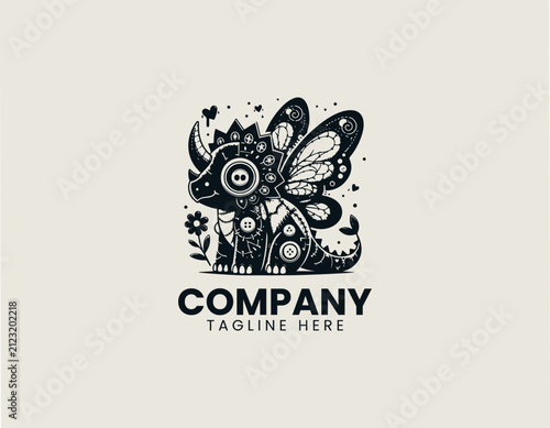 Cute patchwork triceratops with fairy wings and flower black vector logo illustration