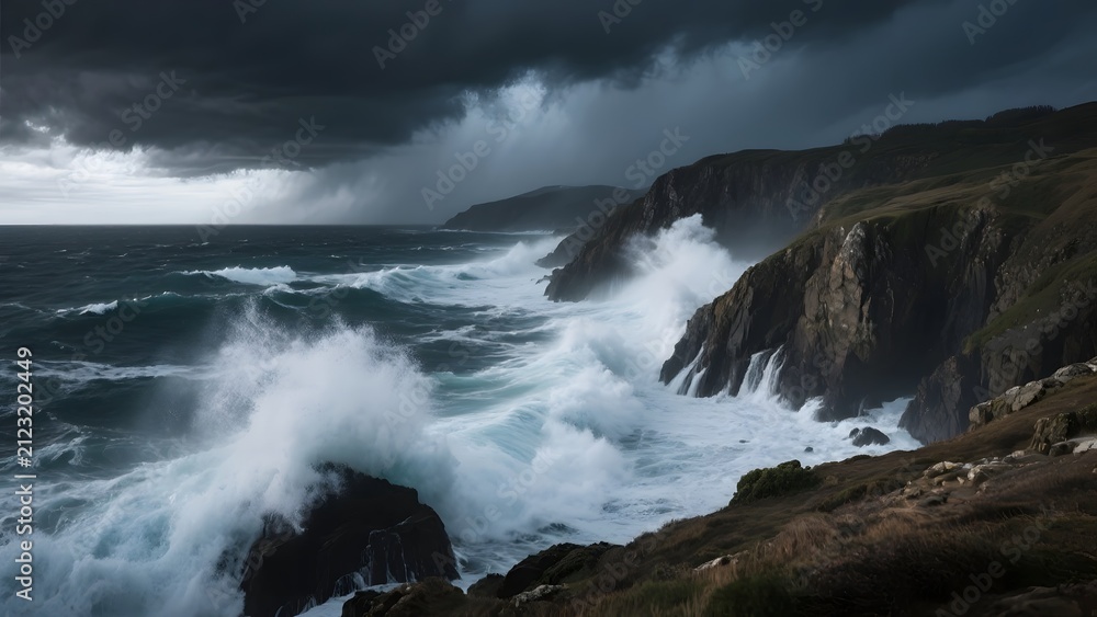 Fototapeta premium Stormy Peninsula Panorama with Massive Waves Crashing Against Rugged Cliffs, Powerful Ocean Landscape 