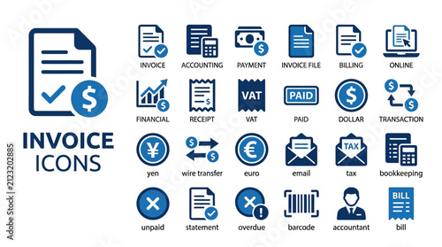 Invoice Vector Icons Set — Accounting, Payment, Billing, Finance, Tax, Receipt, Dollar, VAT, Bookkeeping, Business, Financial Document, Office