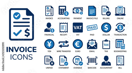Invoice Vector Icons Set — Accounting, Payment, Billing, Finance, Tax, Receipt, Dollar, VAT, Bookkeeping, Business, Financial Document, Office