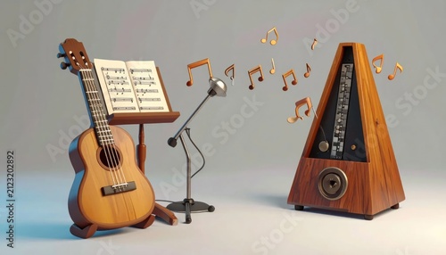 Guitar and metronome with music notes.