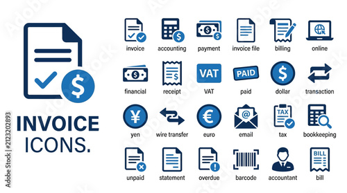 Invoice Vector Icons Set — Accounting, Payment, Billing, Finance, Tax, Receipt, Dollar, VAT, Bookkeeping, Business, Financial Document, Office