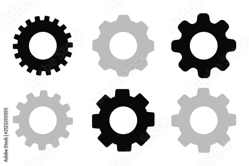 Six different gear wheel icons in various shades with mechanical engineering industry technology graphics mechanics industrial machinery components cogwheels mechanism technical elements