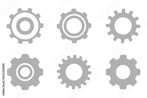 Set of six grey mechanical gear icons with mechanical industry engineering technical component technology collection industrial innovation development mechanism rotation manufacturing