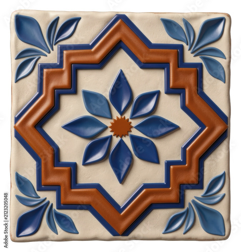 Decorative ceramic tile with blue floral pattern, isolated, transparent