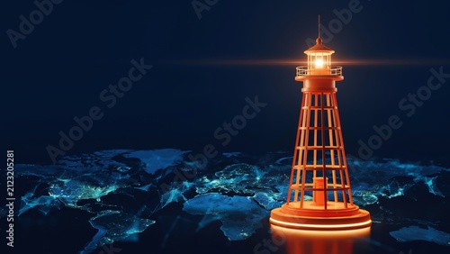 Glowing lighthouse beacon on a digital world map concept for global networking and safety