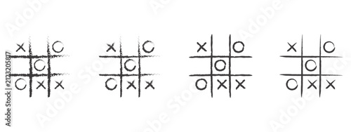 Hand Drawn Tic Tac Toe Doodle Game Template Set Black Line Vector Illustration Isolated on White Background