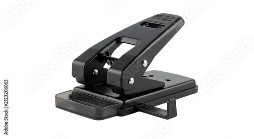 A black metal two hole puncher for office document organization and paper management presented isolated on transparent background