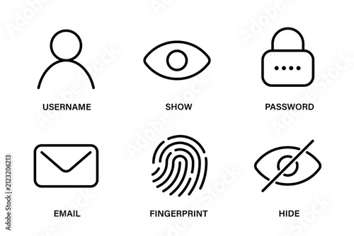 Collection of editable stroke icons for login interface themes, including user, password, fingerprint, email, show and hide icons.