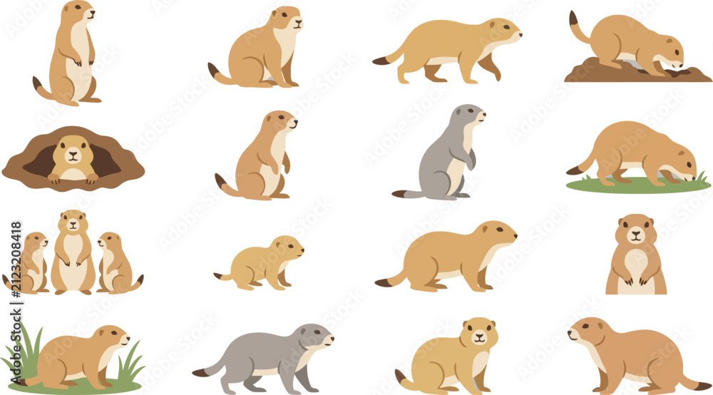 Obraz premium Detailed set of sixteen prairie dog vector illustrations showcasing different behaviors and poses in flat style
