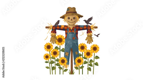Friendly lanky scarecrow standing in sunflower field with black crows for autumn harvest season flat vector illustration.