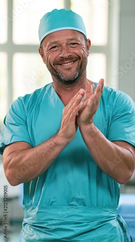 Confident Surgeon Smiling in Operating Room Setting with Professional Attire