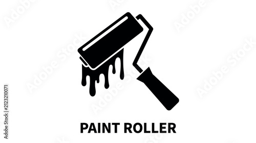 Black and white icon of a paint roller dripping with wet paint for home renovation