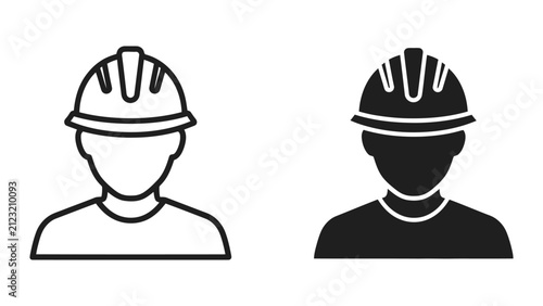 Construction worker icon set. Professional builder avatar in outline and solid style.