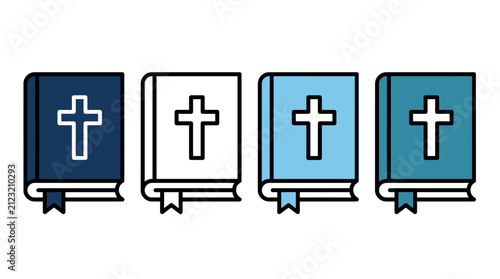 Set of four colorful holy bible books with cross symbols on covers in flat design style