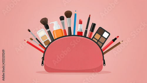 Full cosmetic pouch with makeup brushes and beauty supplies cosmetic products