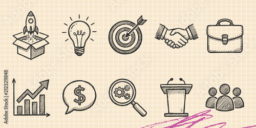 Hand drawn vintage black ink scribble doodle vector set of business finance money and marketing icons for creative graphic design