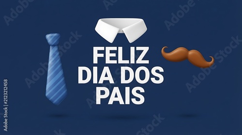 Feliz Dia dos Pais Portuguese greeting card, Father's Day celebration banner with tie and mustache, blue background with white shirt collar