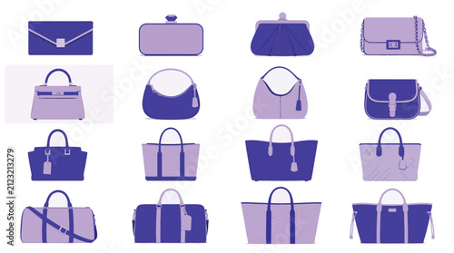 Collection of various handbag styles and sizes in purple and lilac tones.