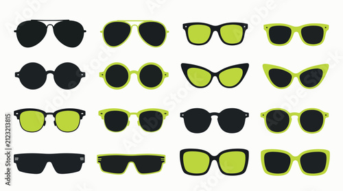 Collection of various styles of sunglasses, including aviator, round, cat eye, and rectangular.