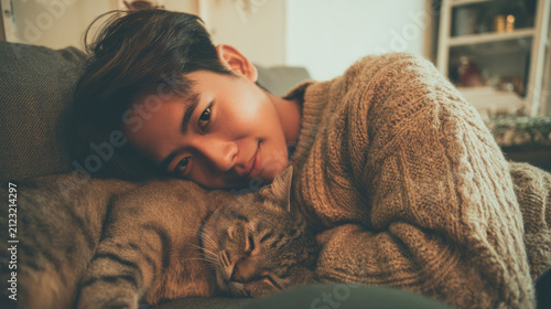 A young individual cherishes a peaceful day at home with their beloved feline companion enjoying cozy moments together