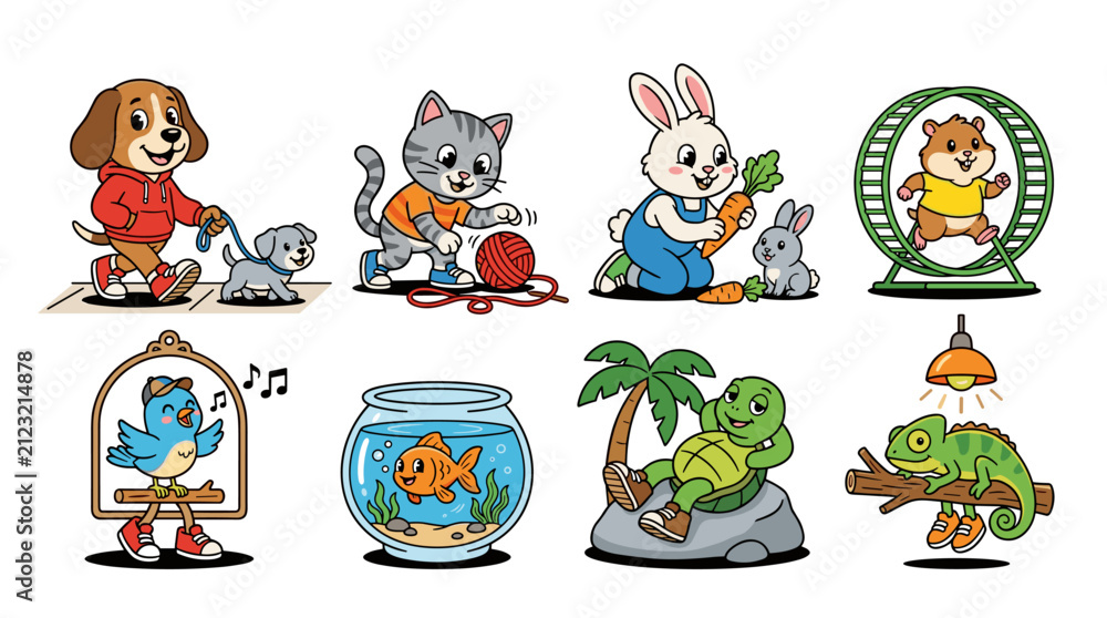 Fototapeta premium Set of retro animal characters including dog cat rabbit hamster bird fish turtle and chameleon doing daily activities, vibrant vector stickers