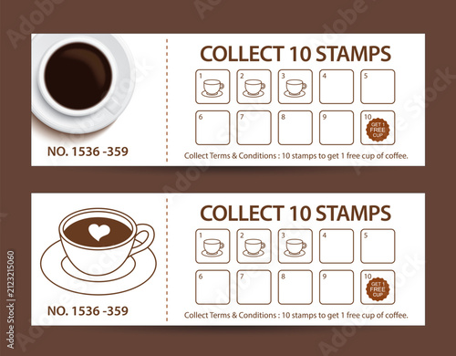 Coffee stamp loyalty card coupon voucher collect ten stamps free cup cafe reward template.