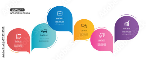 Infographic business process template speech bubble shape 6 step option layout design.